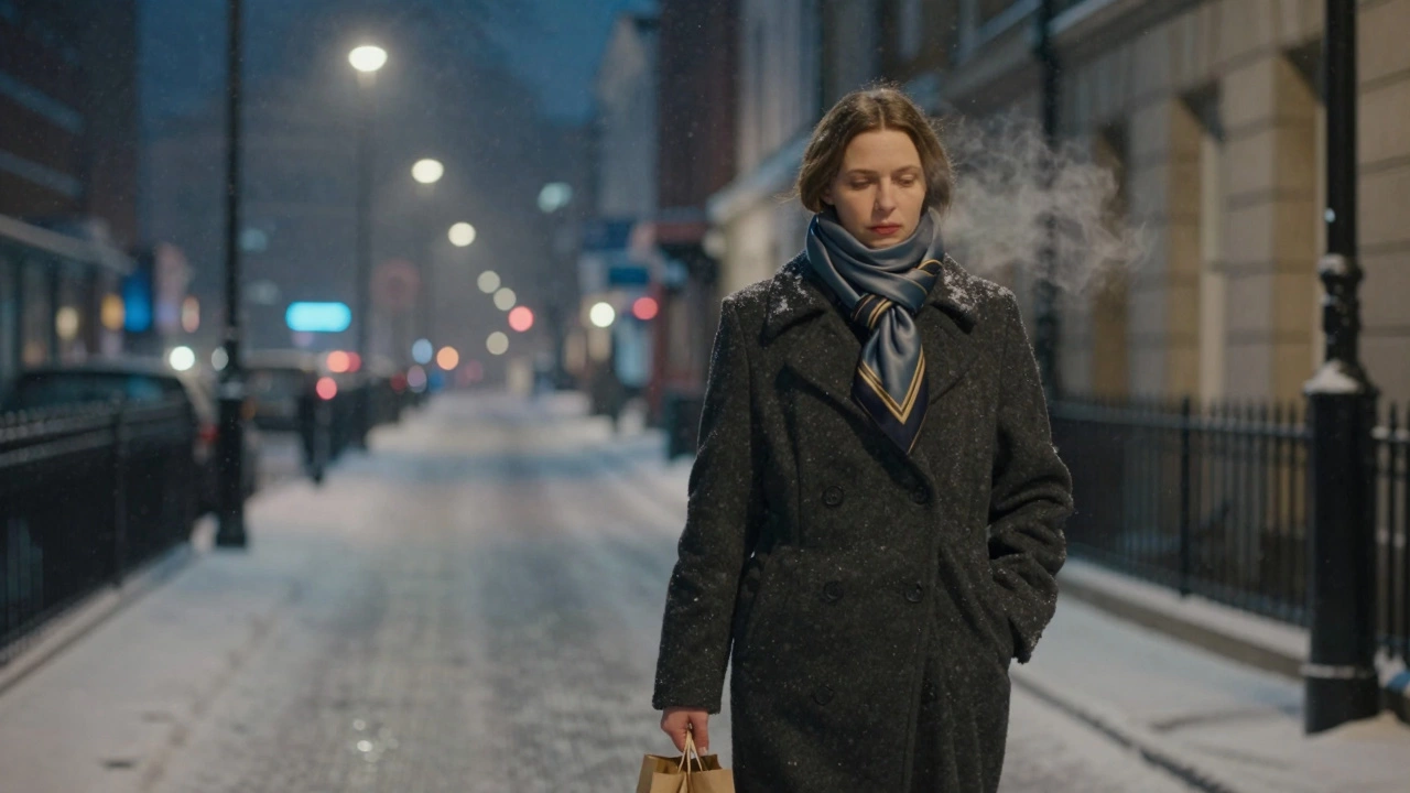 A Russian woman walks alone in snowy London, elegant and composed under streetlights.
