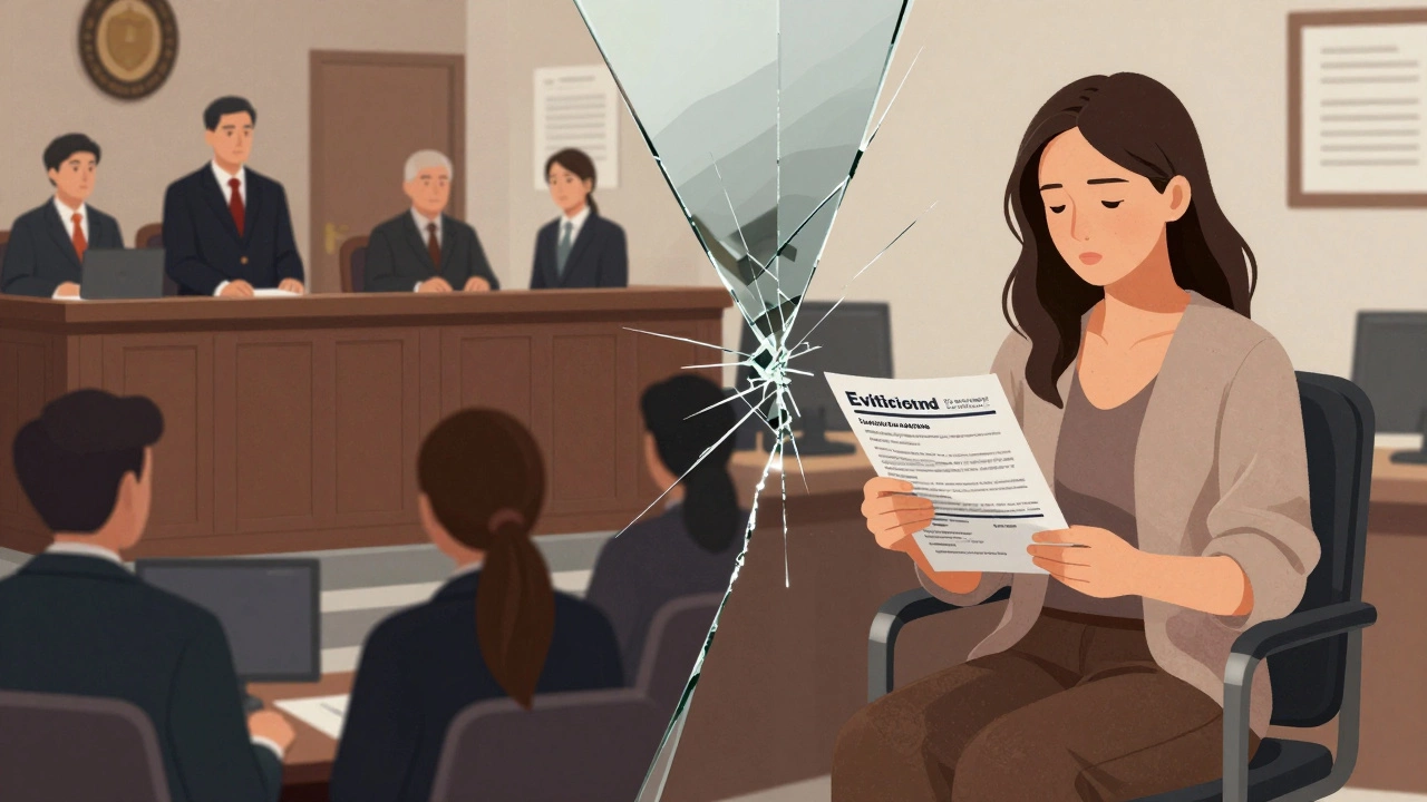 A split image showing a courtroom and a social services office, symbolizing legal vs. lived reality.