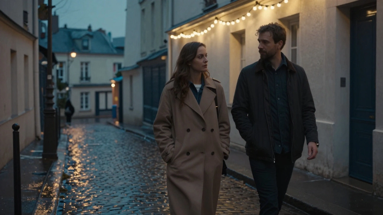 A woman and man walking together in Montmartre at dusk, rain glistening on cobblestones, silent and present.