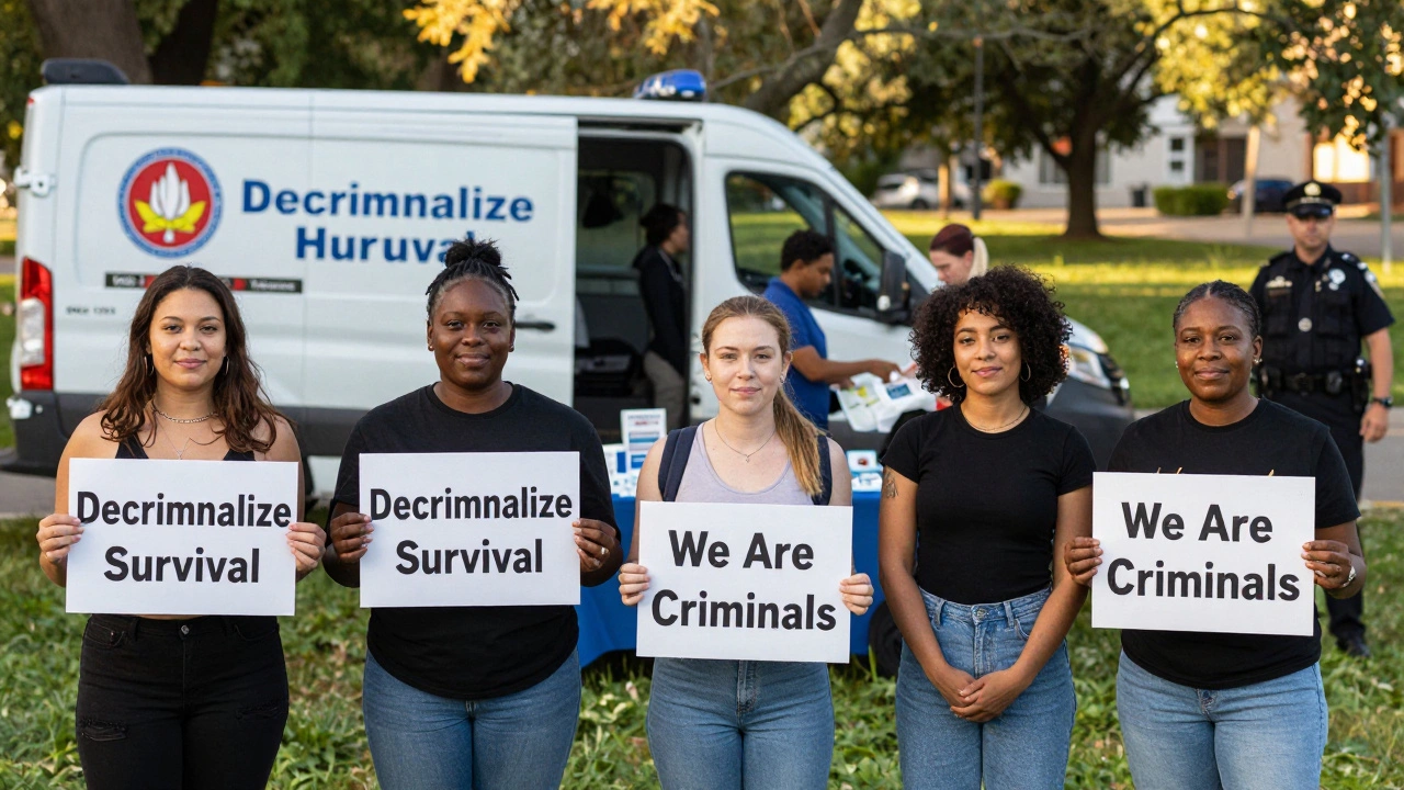 Diverse sex workers standing together in a park with a health van, holding signs for decriminalization.