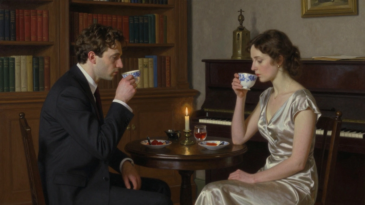 Two people share a silent evening with tea and books, radiating quiet connection and dignity.